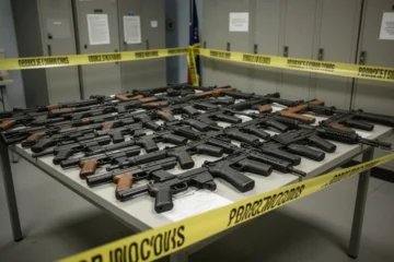Arsenal clandestino confiscado por la policía mostrando diversas armas ilegales