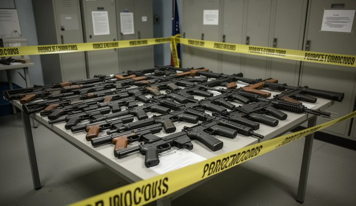 Arsenal clandestino confiscado por la policía mostrando diversas armas ilegales