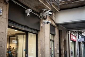 Street view of electronic shops and restaurants in Poblenou district