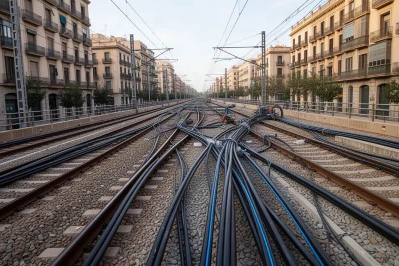 Instalación de nuevos cables eléctricos en una línea ferroviaria