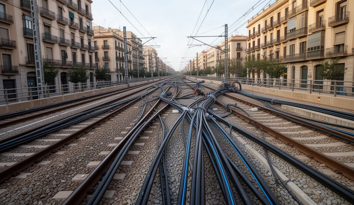 Instalación de nuevos cables eléctricos en una línea ferroviaria