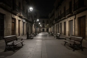 Calle vacía en Manresa durante la noche con bancos vacíos