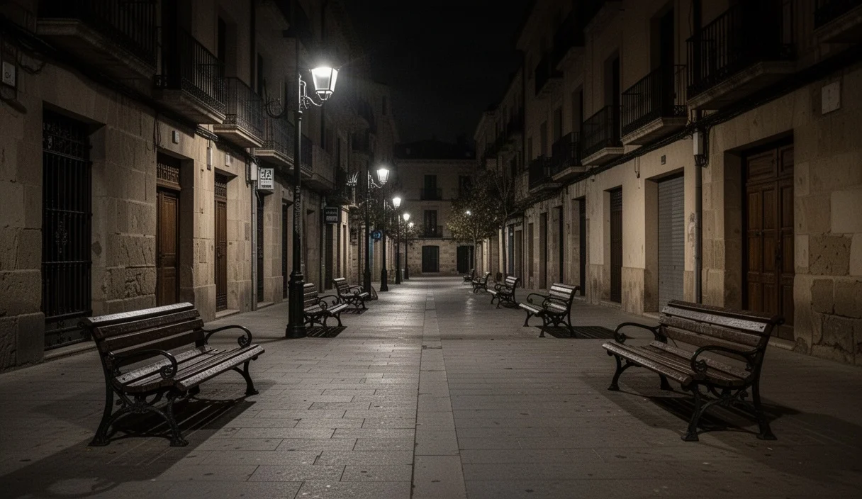 Calle vacía en Manresa durante la noche con bancos vacíos