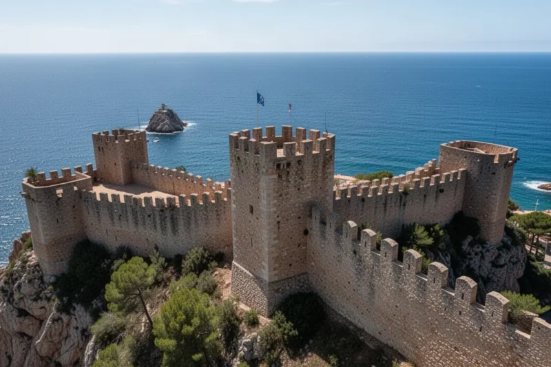 Vista aérea de las murallas medievales en Tossa de Mar junto al mar Mediterráneo