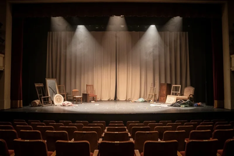 Escenario vacío del teatro con luces tenues tras la actuación