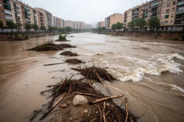 Ribera inundada con escombros tras fuertes lluvias