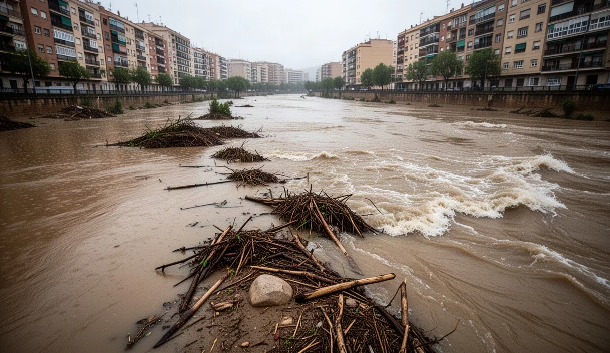 Ribera inundada con escombros tras fuertes lluvias