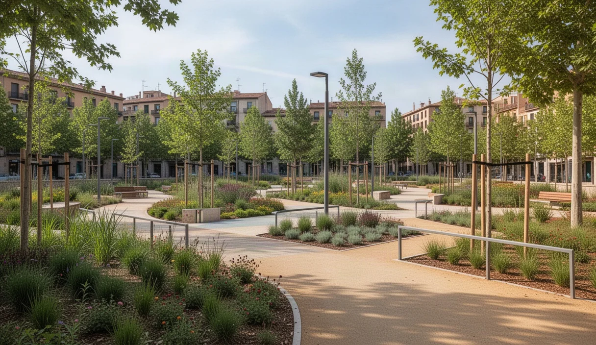 Vista renovada del parque Les Pedreres con vegetación diversa y caminos accesibles.