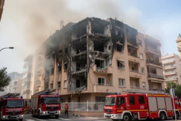 Edificio residencial dañado por un incendio en Blanes con vehículos emergentes