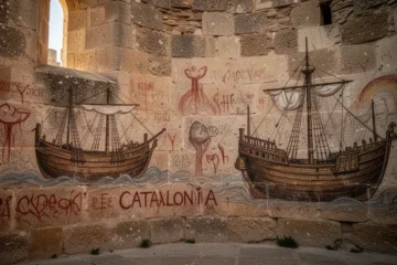 Nautical-themed graffiti on ancient castle walls