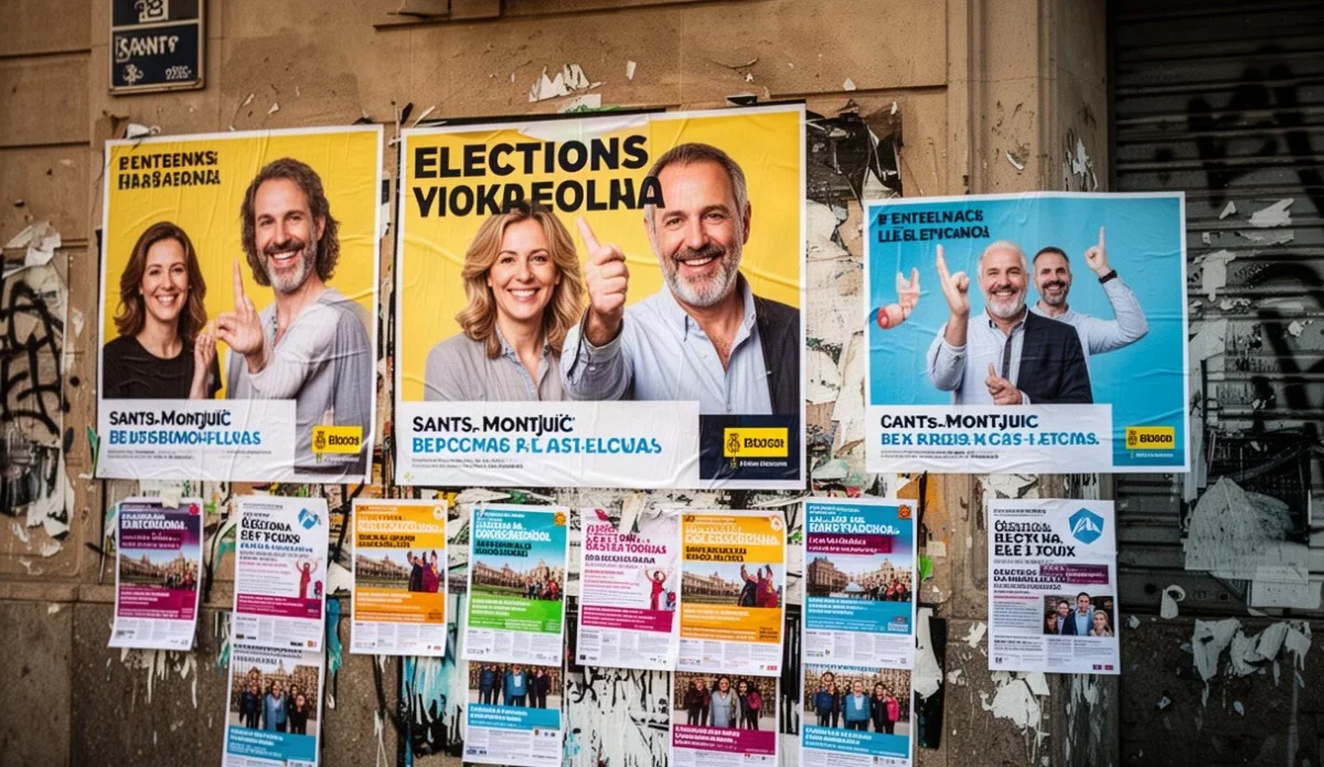 Carteles electorales en Sants-Montjuïc anunciando la campaña política