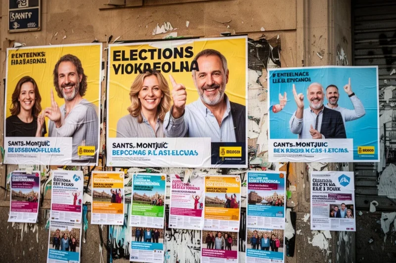 Carteles electorales en Sants-Montjuïc anunciando la campaña política