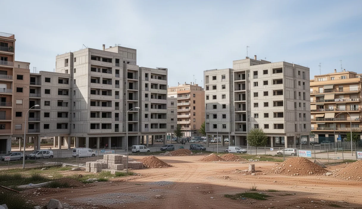 Vista urbana del barrio de la Mina con edificios públicos vacíos