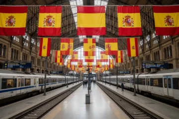 A vibrant train station adorned with festive decorations for Diada celebrations