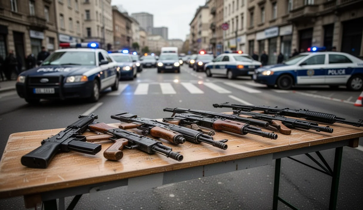 Control policial con armas blancas confiscadas sobre una mesa