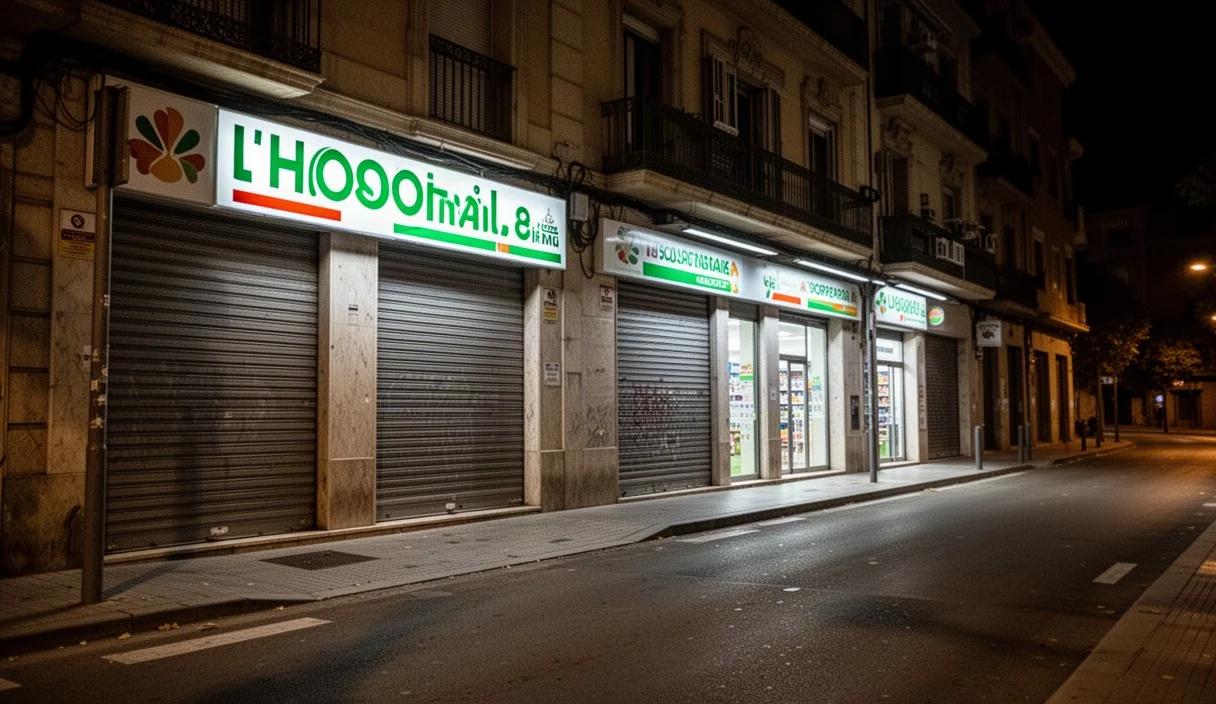 Vista nocturna de supermercados cerrados en L'Hospitalet