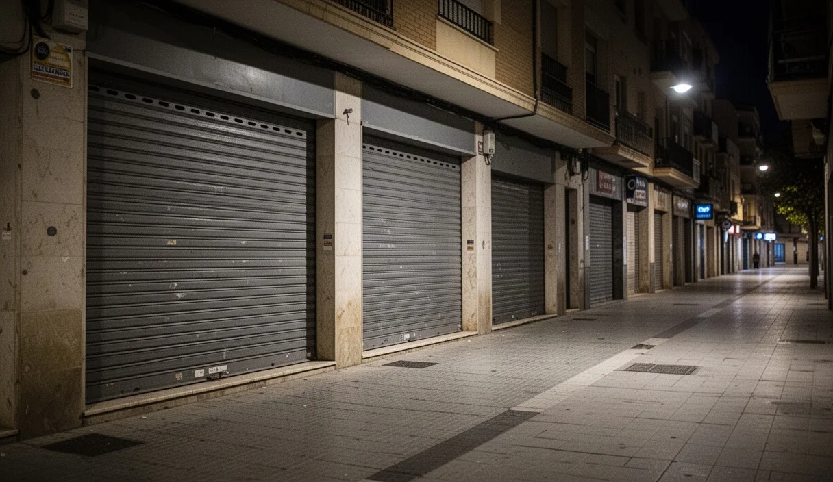 Calle vacía con supermercados cerrados durante la noche en Mataró