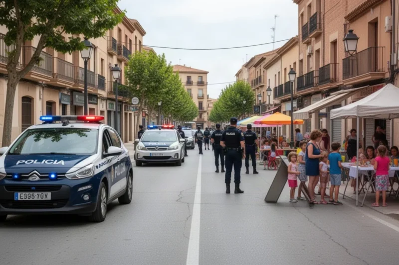 Imagen veraniega de Mollerussa mostrando actividad comunitaria y presencia policial.