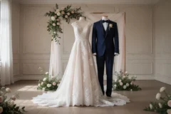 Vestido y traje nupcial expuestos elegantemente en una habitación vacía