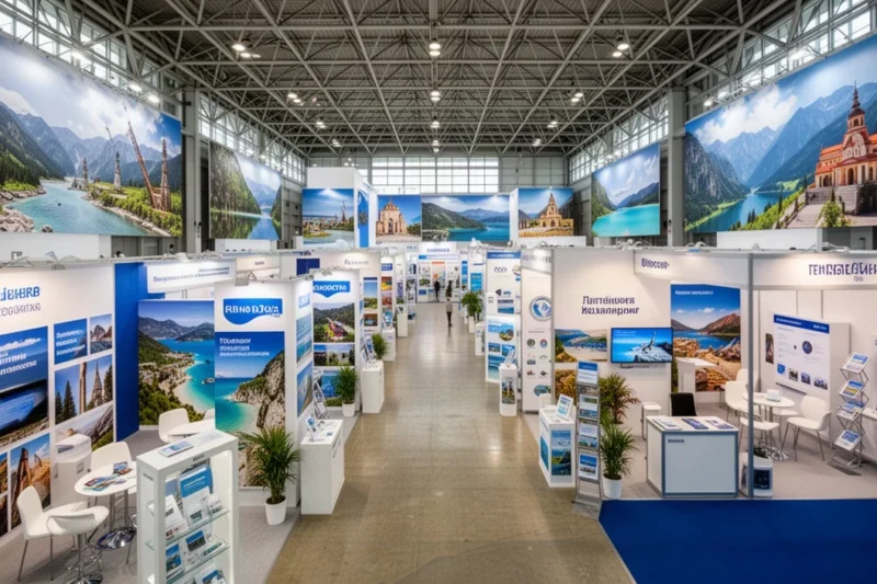 Exposición turística con stands variados mostrando destinos y servicios relacionados con viajes.