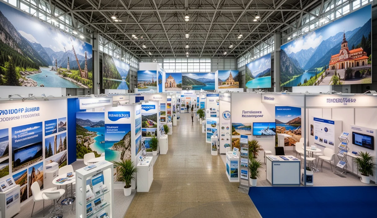Exposición turística con stands variados mostrando destinos y servicios relacionados con viajes.