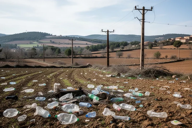 Paisaje rural con plástico desechado y postes telefónicos viejos en Sant Miquel de Campmajor