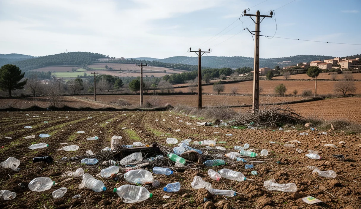 Paisaje rural con plástico desechado y postes telefónicos viejos en Sant Miquel de Campmajor