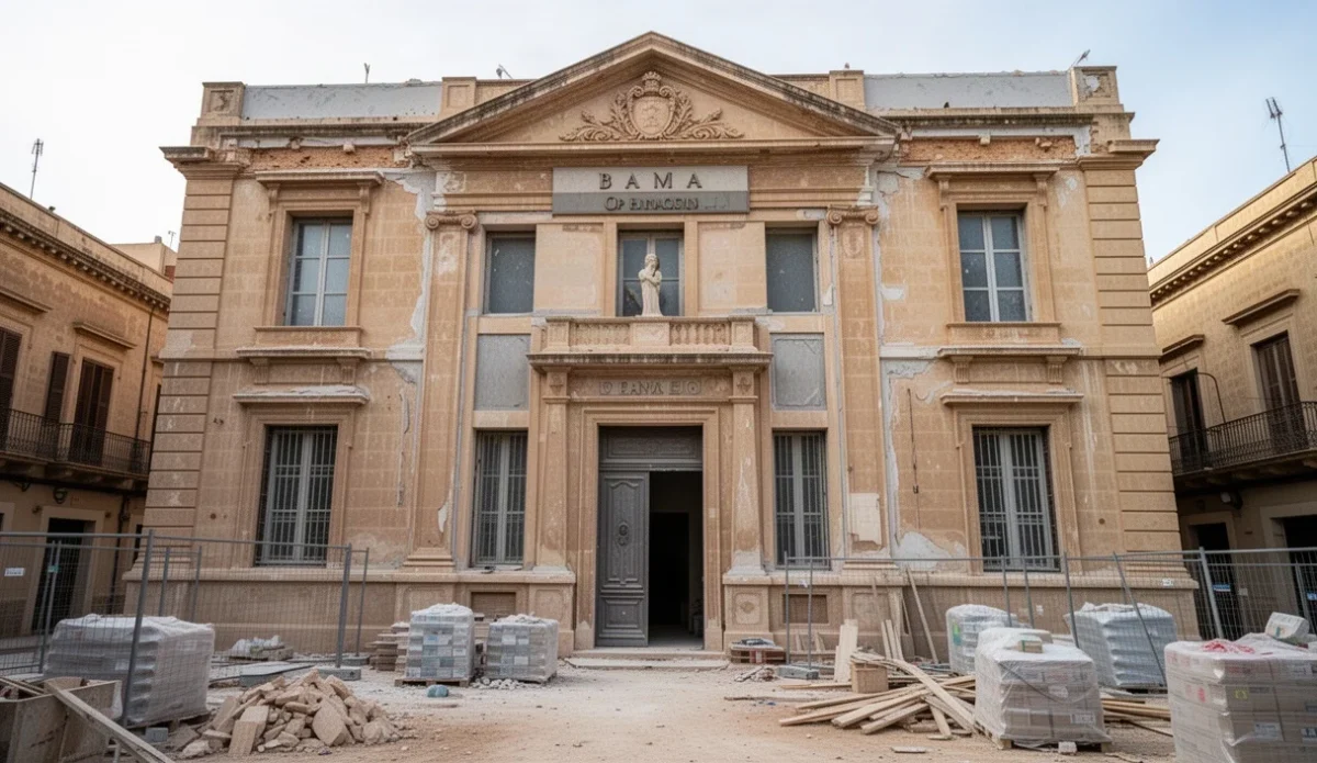 Fachada antigua del Banco de España en Tarragona con materiales de construcción alrededor