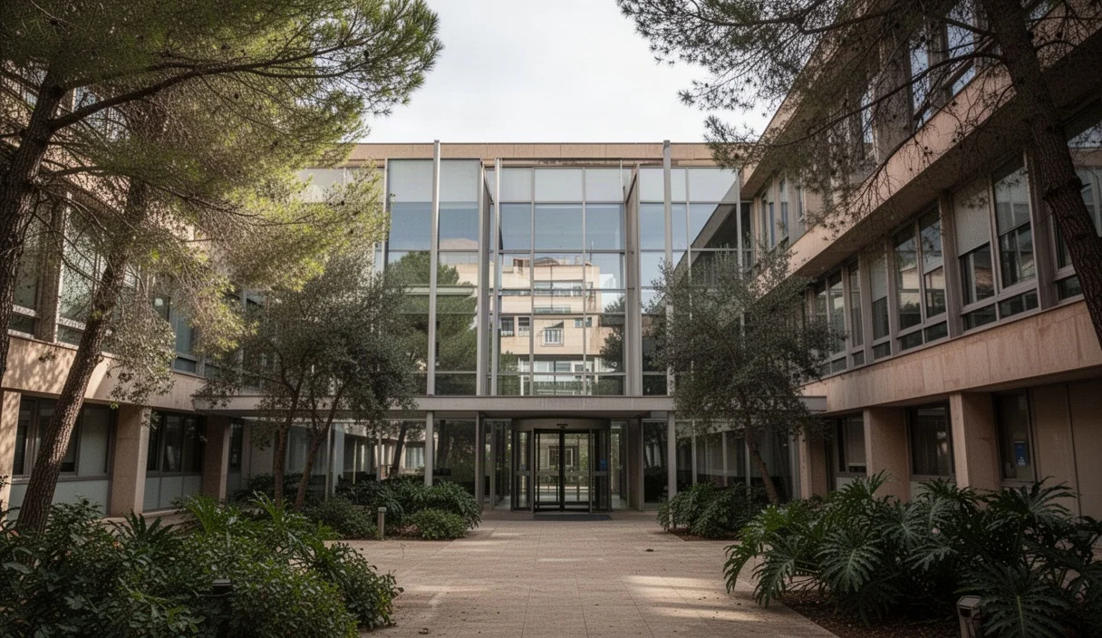 Edificio moderno del departamento de Interior en Cataluña rodeado de vegetación
