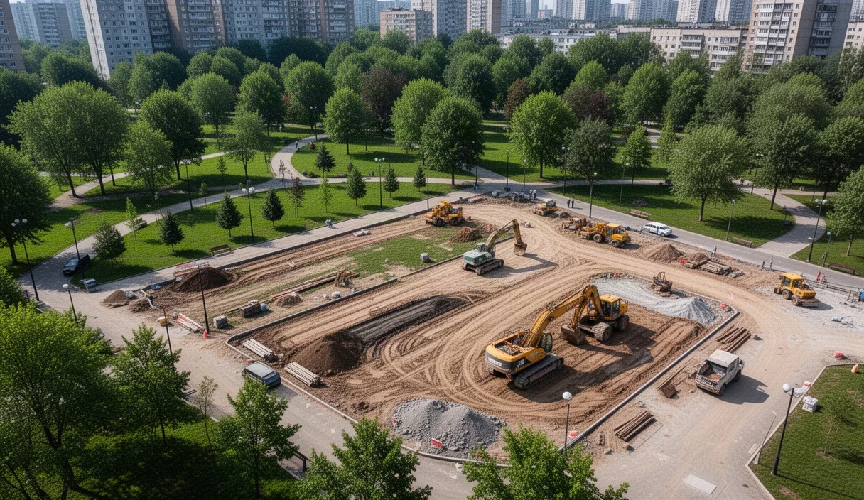 Vista aérea de parques urbanos siendo renovados con maquinaria