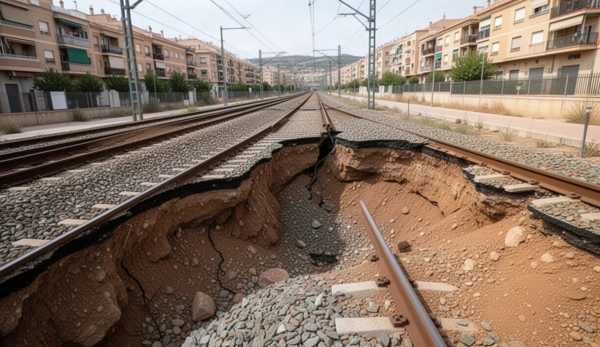Daños visibles en las vías del tren debido a un socavón cerca de Barcelona