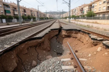 Daños visibles en las vías del tren debido a un socavón cerca de Barcelona