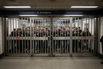 Estación de metro con puertas cerradas y pasajeros intentando salir durante una emergencia